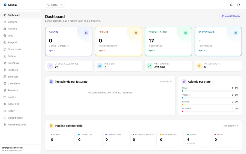 Interfaccia di Scunio App - CRM